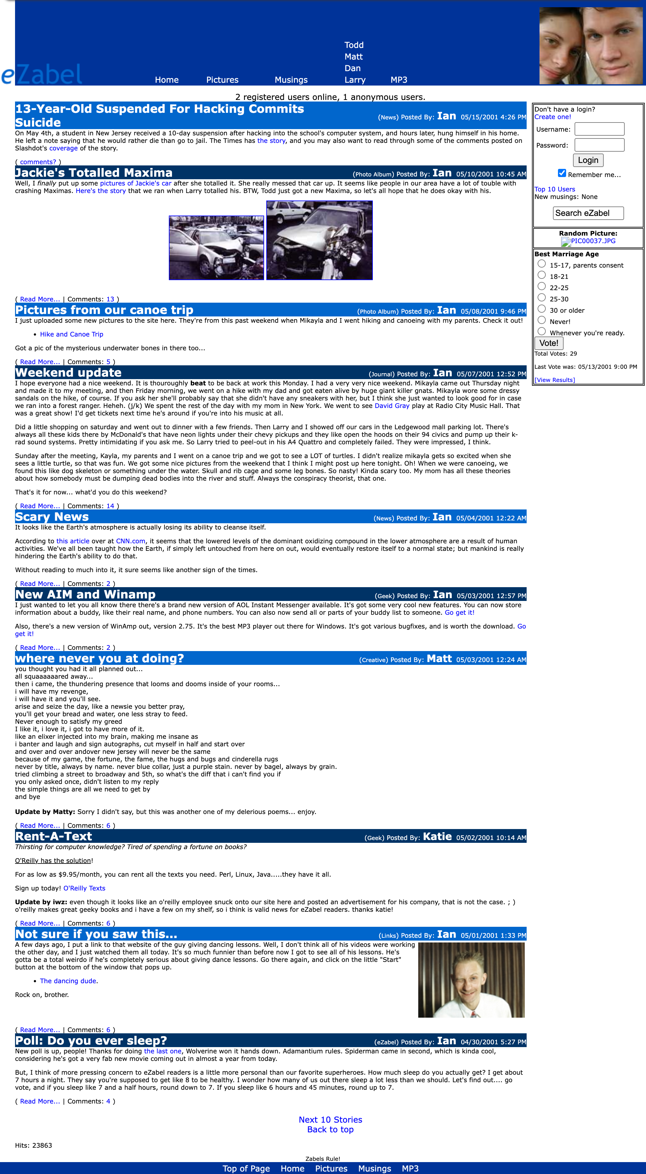eZabel homepage, May 2001