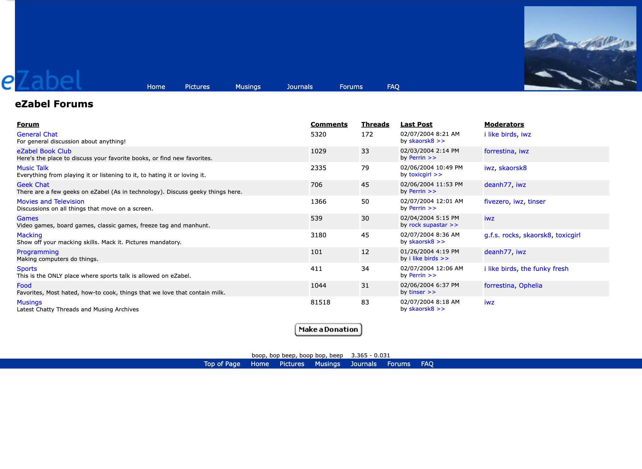 eZabel forums page, February 2004